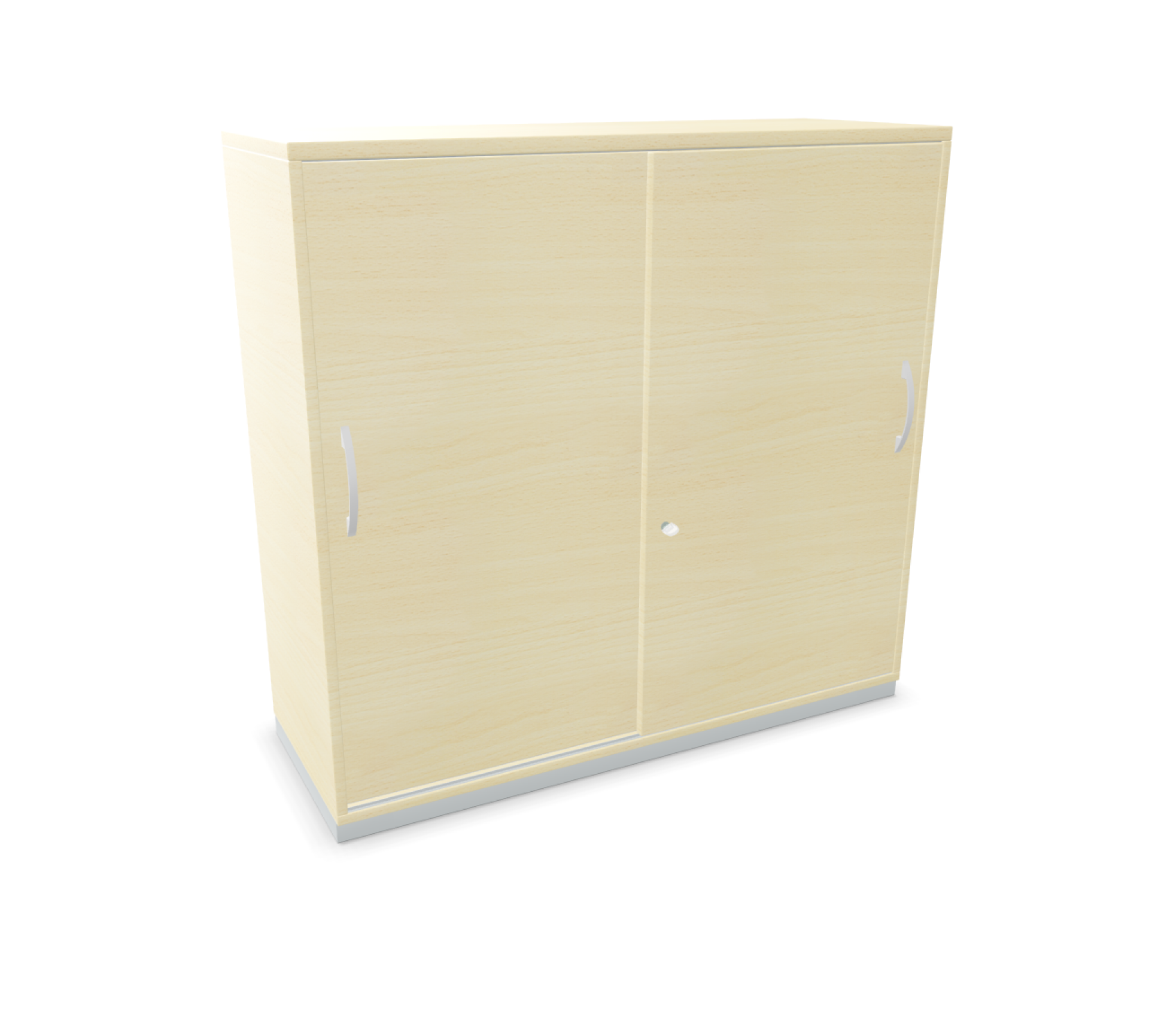 Palmberg Prisma Schiebetürenschrank in hellem Holzdekor mit zwei Schiebetüren und silbernen Griffen.