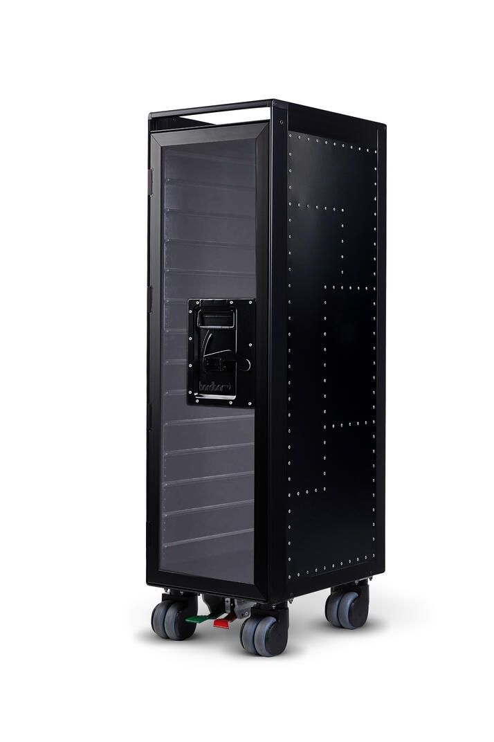 Schwarzer Rivet Rocker Flugzeugtrolley mit transparenter Tür, ideal als stylische Bordbar für Zuhause.