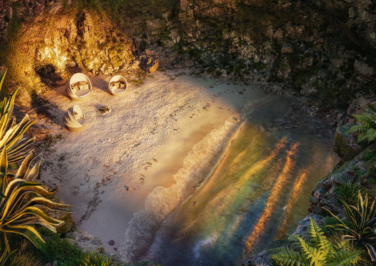 Orbit Sofainsel von Dedon auf Sandstrand mit Meer. Luxuriöse Outdoor Sofainsel mit Verdeck.