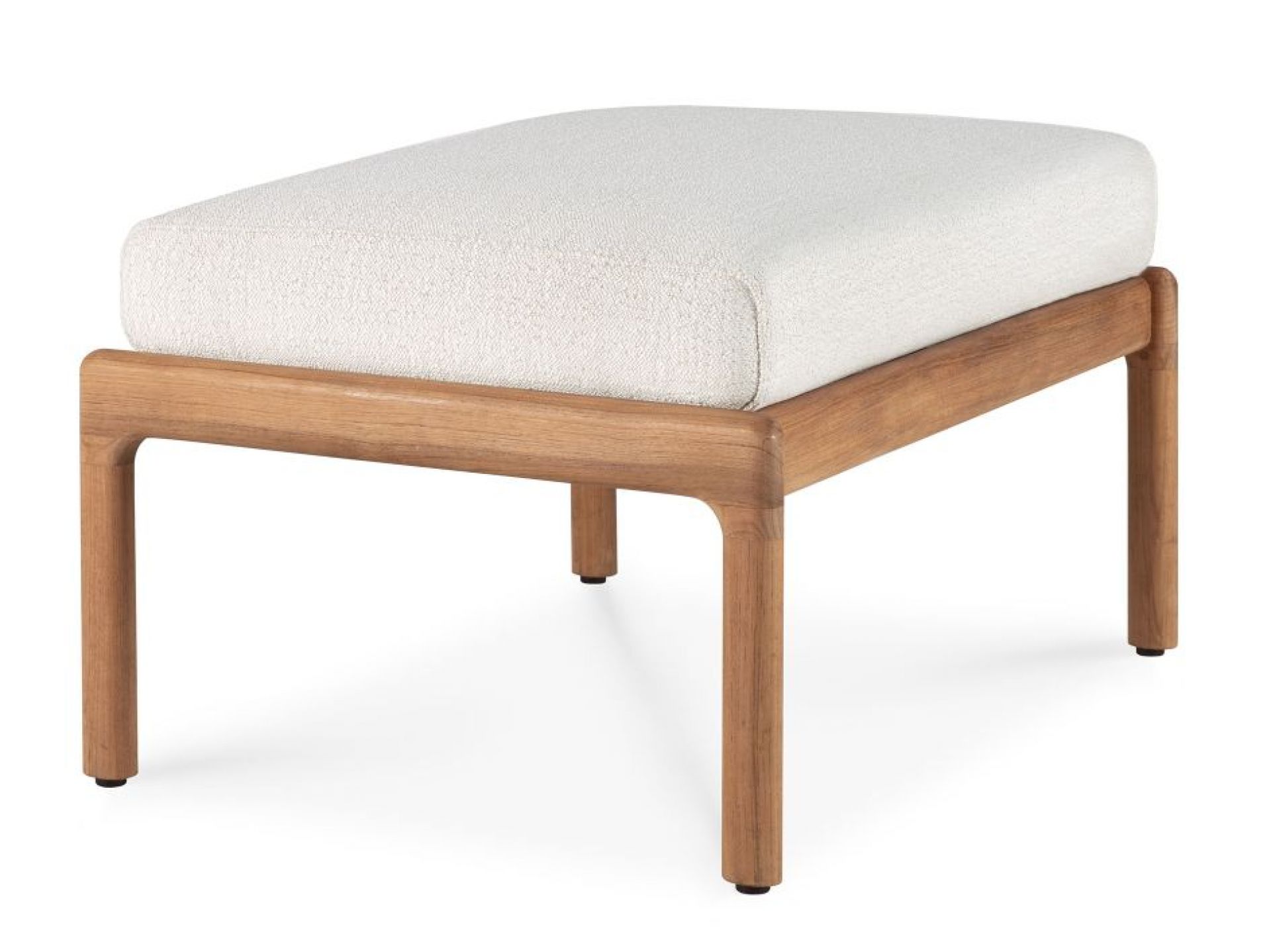 Jack Outdoor Polsterhocker aus Teakholz mit hellem, strukturiertem Stoffbezug für Garten und Terrasse.