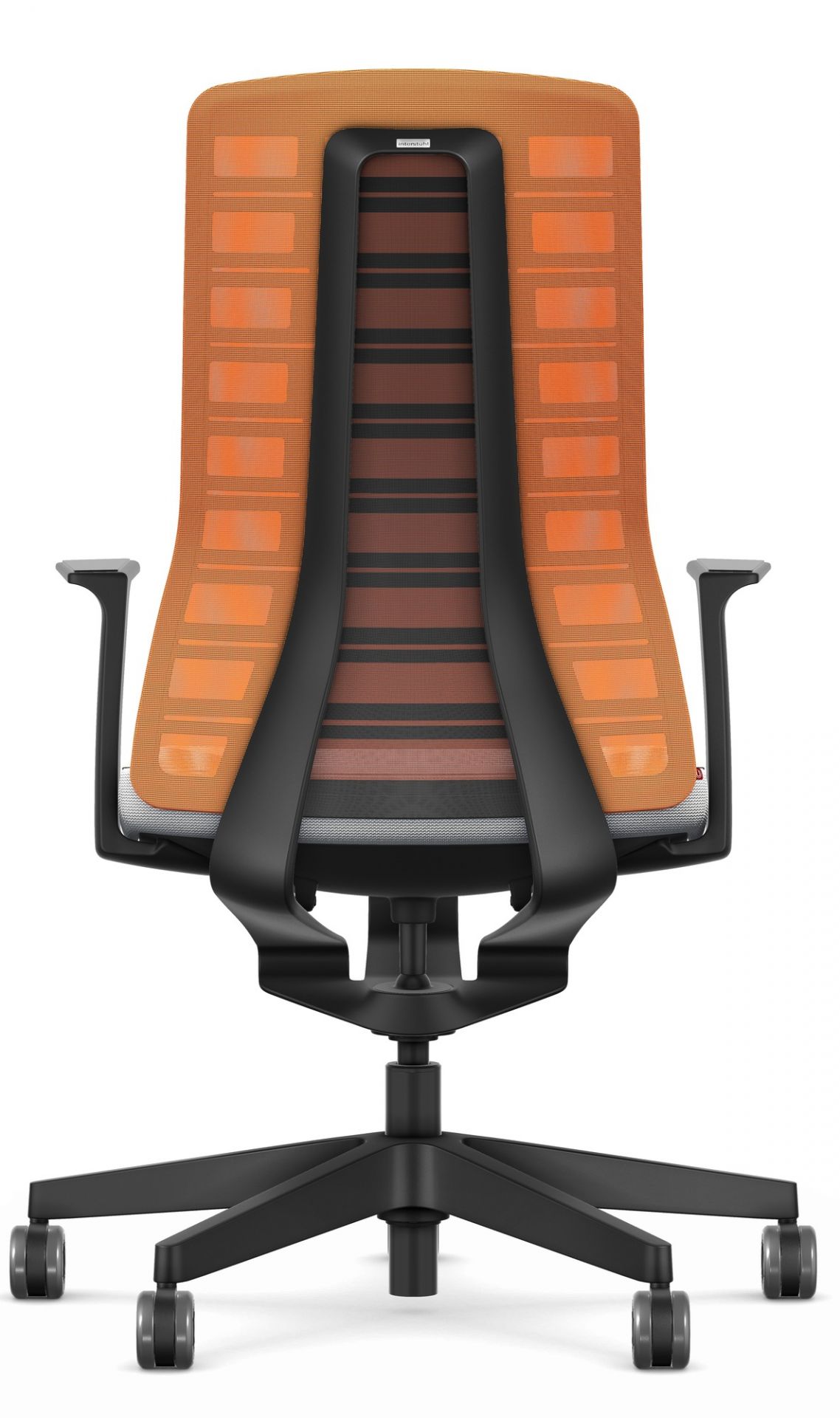 Rückansicht des Interstuhl Pure Edition Bürostuhls mit orangefarbener Netzrückenlehne und hellgrauem Sitz.