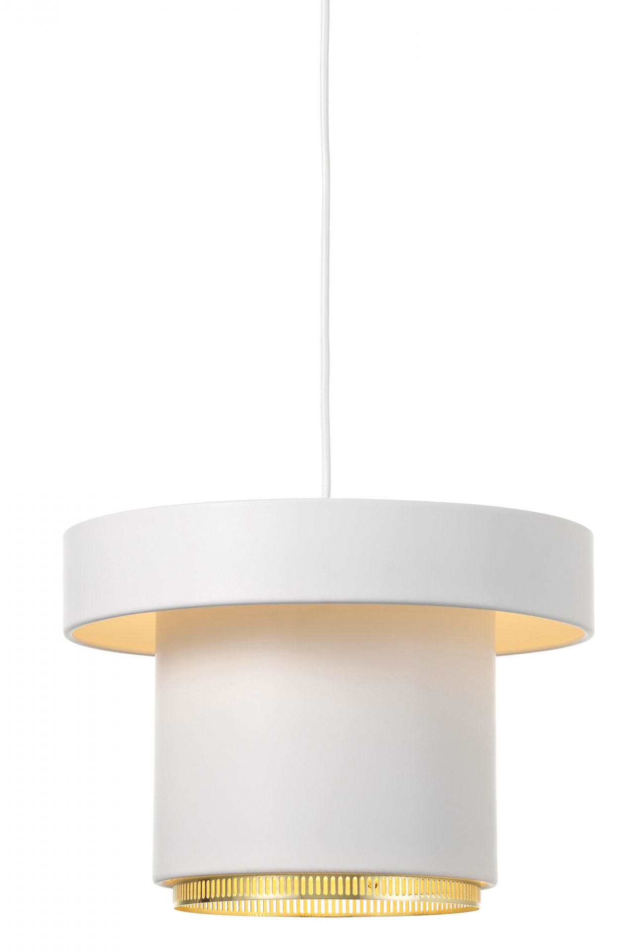 Weiße A201 Pendelleuchte von Artek mit Messingdetails, moderne Hängelampe für Wohnräume.