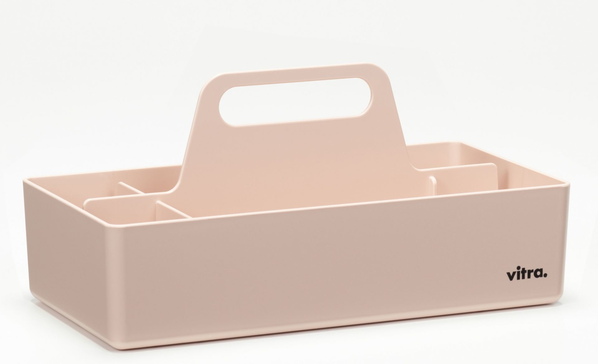 Vitra Toolbox RE, zartrosa Organisationsbox mit Fächern und Tragegriff für Büro und Zuhause.