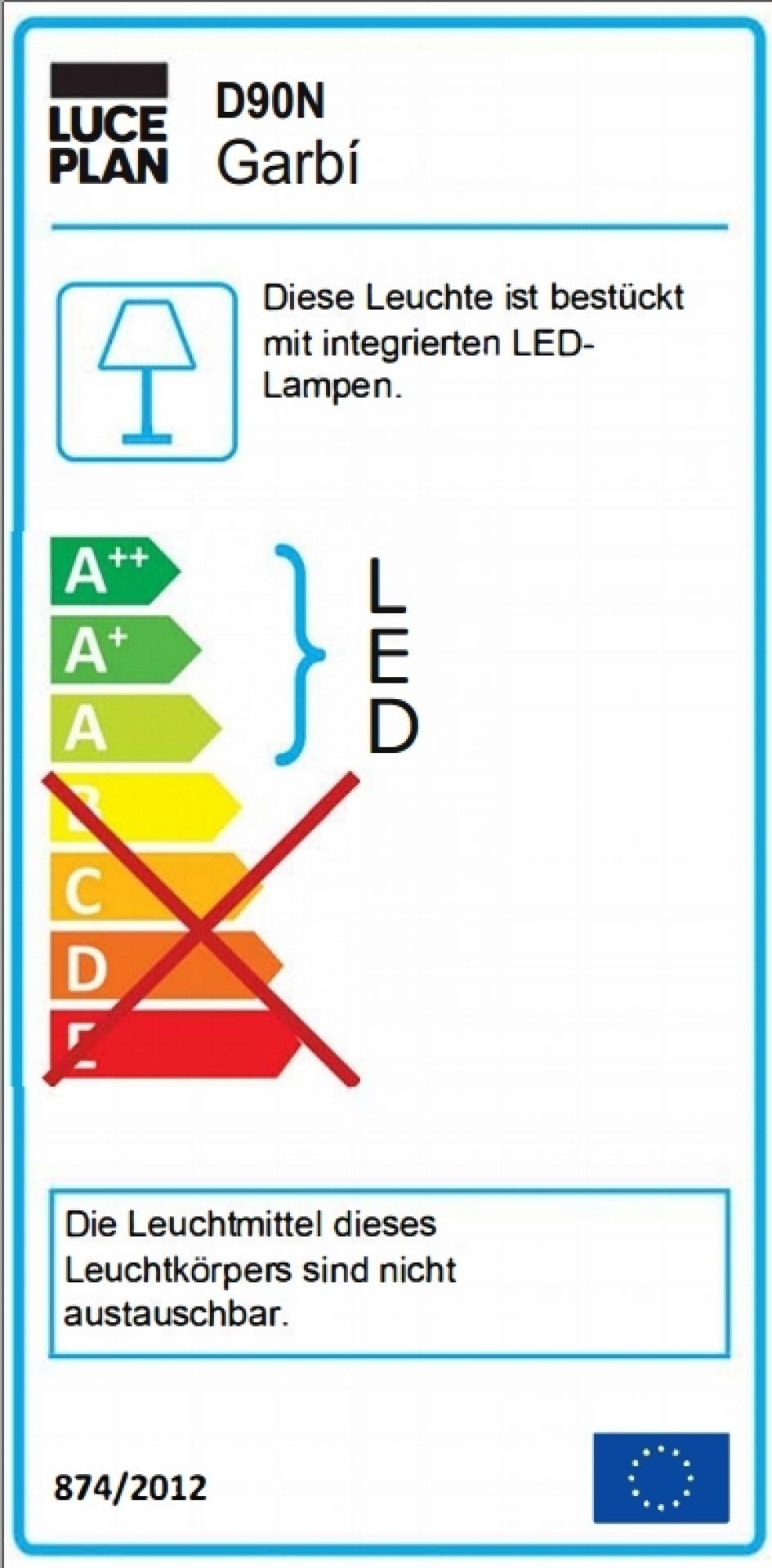 Energielabel der D90 Garbi Wandleuchte von Luceplan mit LED-Lampen und Energieeffizienzklasse.