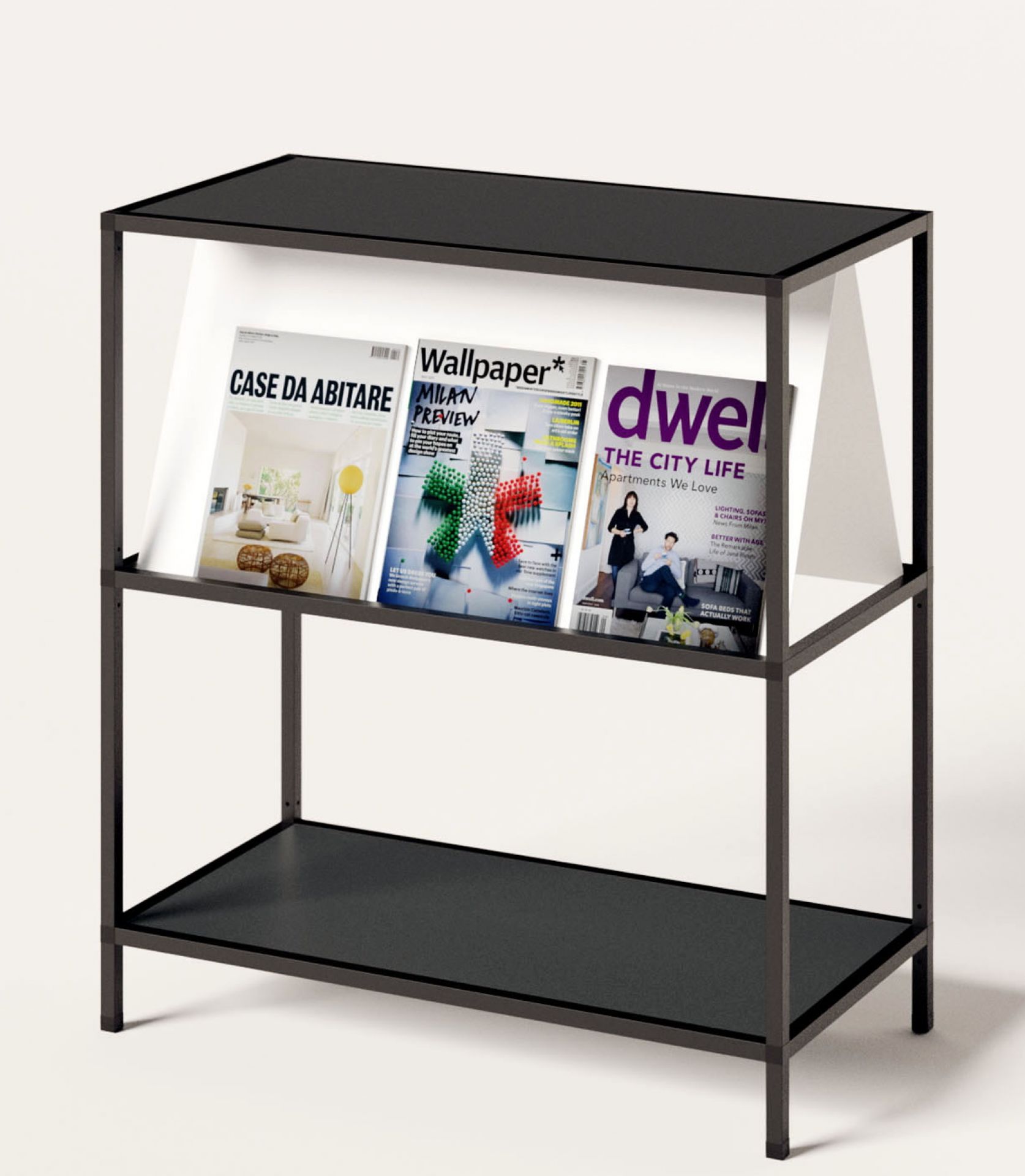 Schwarzes P4 Regal mit zwei Fächern von Palmberg, ideal für Büro und Wohnzimmer.