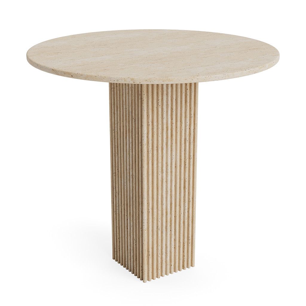 Soho Dining Table von NORR11: Runder Esstisch aus Travertin mit geriffeltem Säulenfuß.