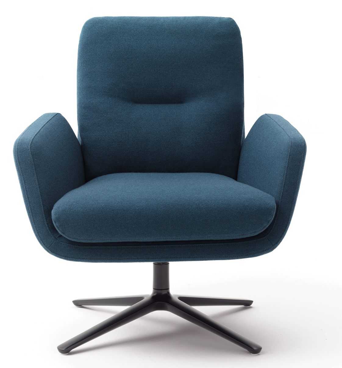 Blauer Cordia Drehstuhl mit niedrigem Rücken und schwarzem Fußkreuz, moderner Bürostuhl für Komfort.