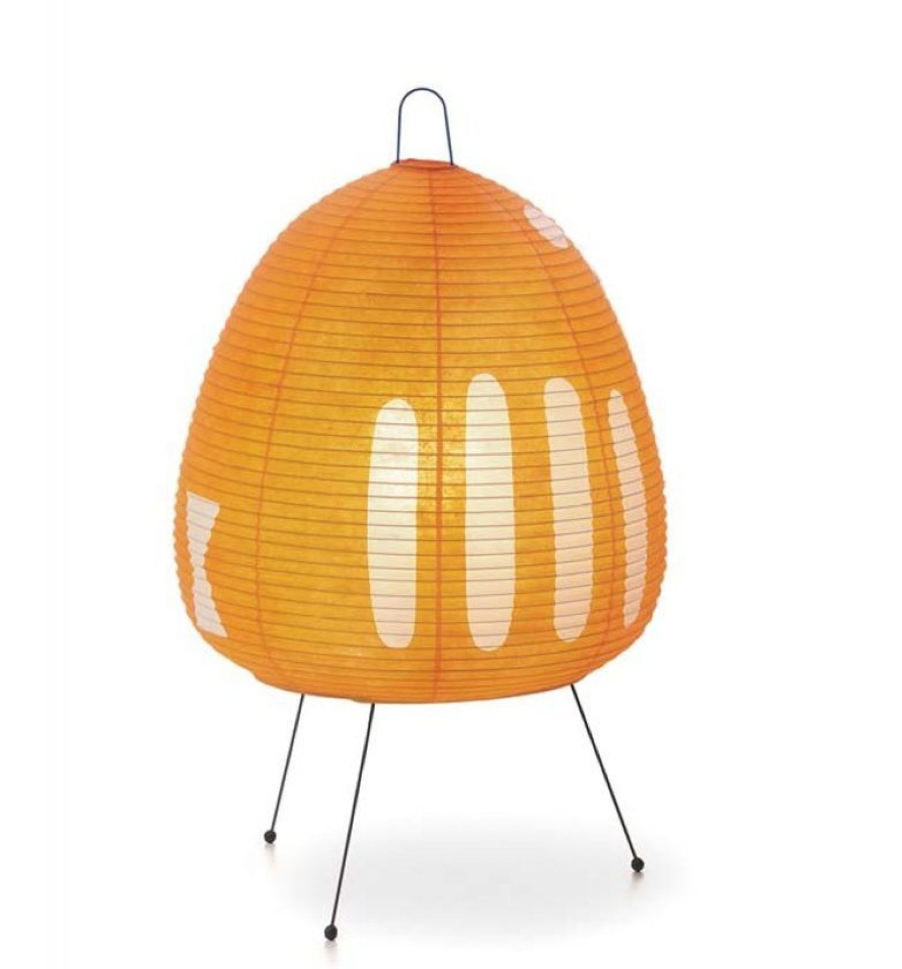 Akari Tischleuchte 1AY: Gelbe Papierlampe mit weißen Akzenten auf filigranem, schwarzem Metallgestell.