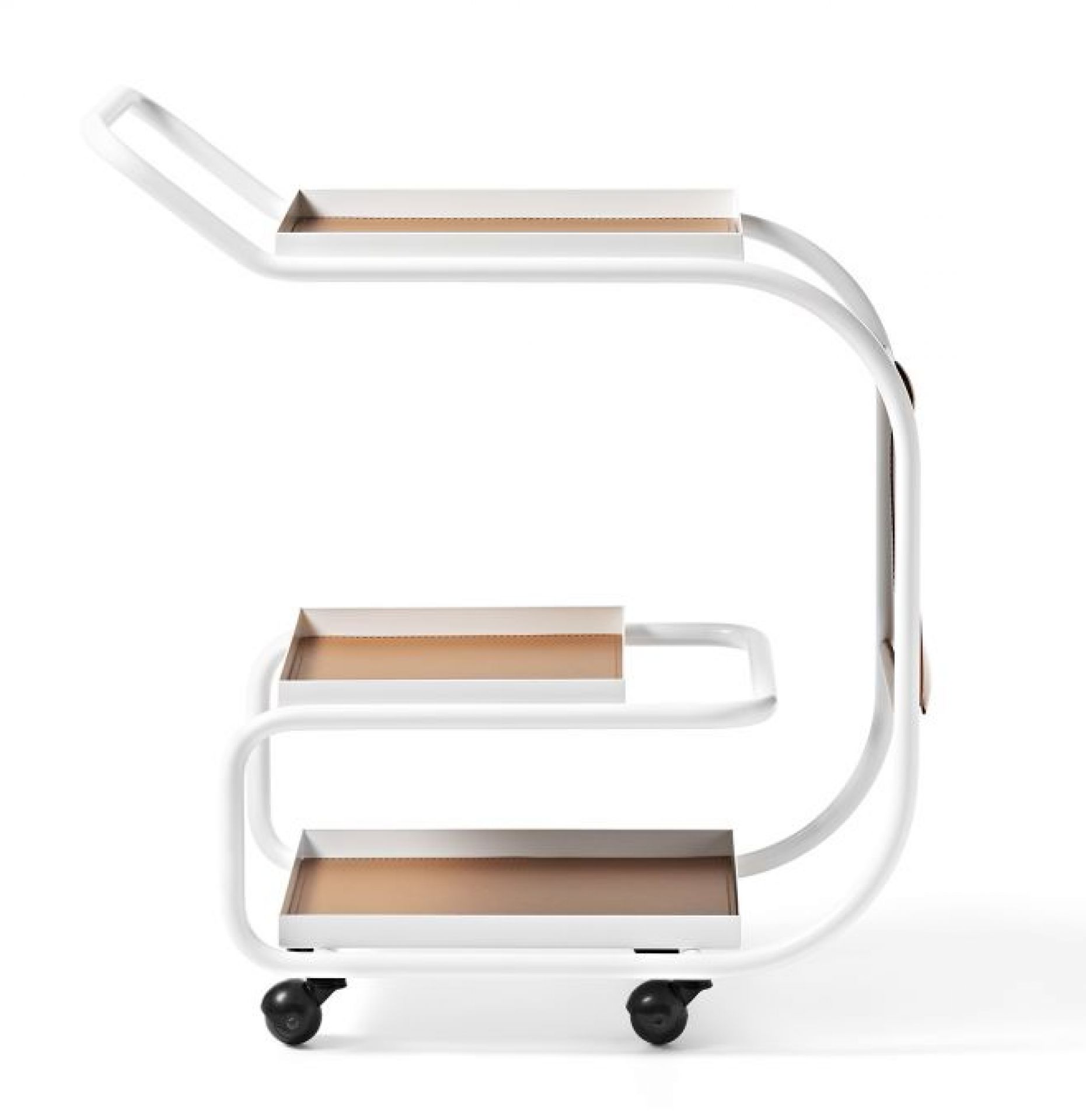 Weißer Zenzero Servierwagen von Opinion Ciatti mit drei Ablageflächen und Rollen, modernes Möbeldesign.
