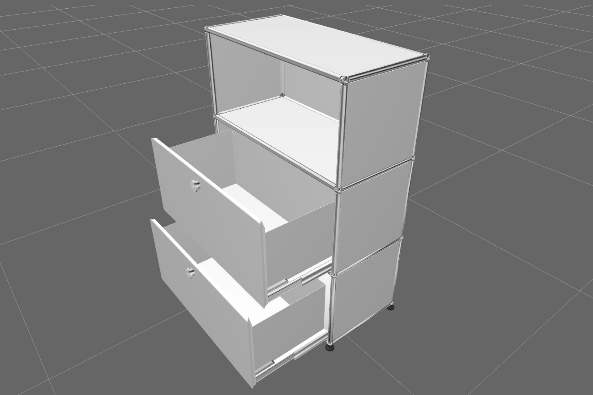 USM Haller Highboard in Reinweiß mit einem offenen Fach und zwei ausgezogenen Schubladen.