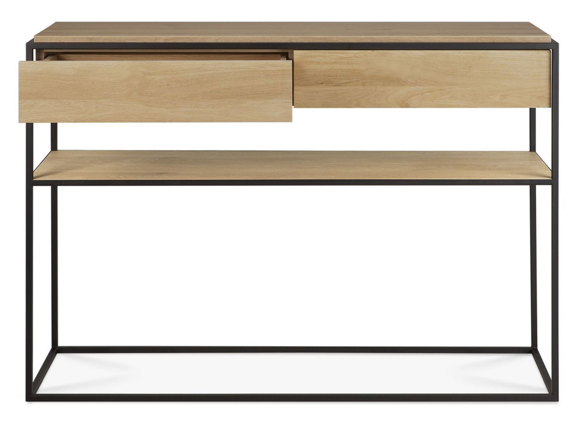 Monolit Konsole von Ethnicraft aus Eiche mit schwarzem Metallgestell und zwei Schubladen.