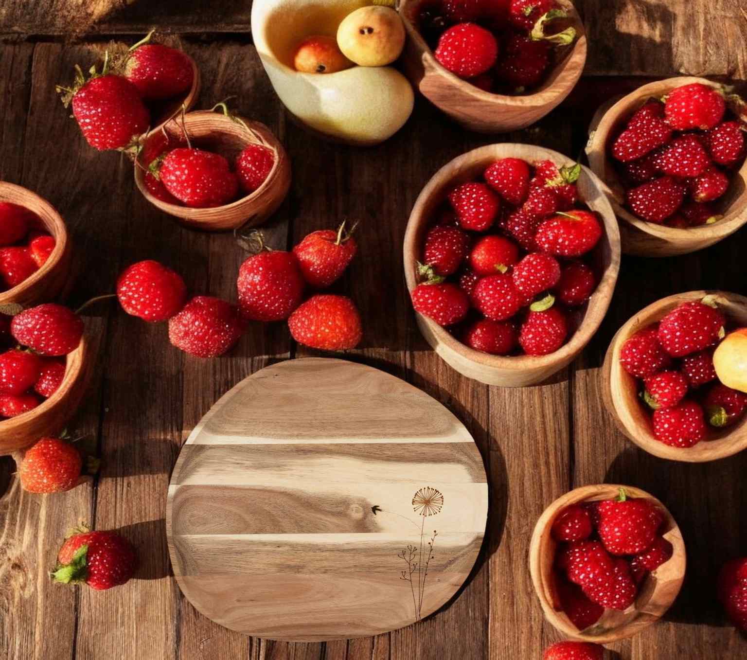 Wunderland Flora & Fauna Holztablett mit Erdbeeren und Schälchen auf rustikalem Holztisch, dekoratives Einzelstück.