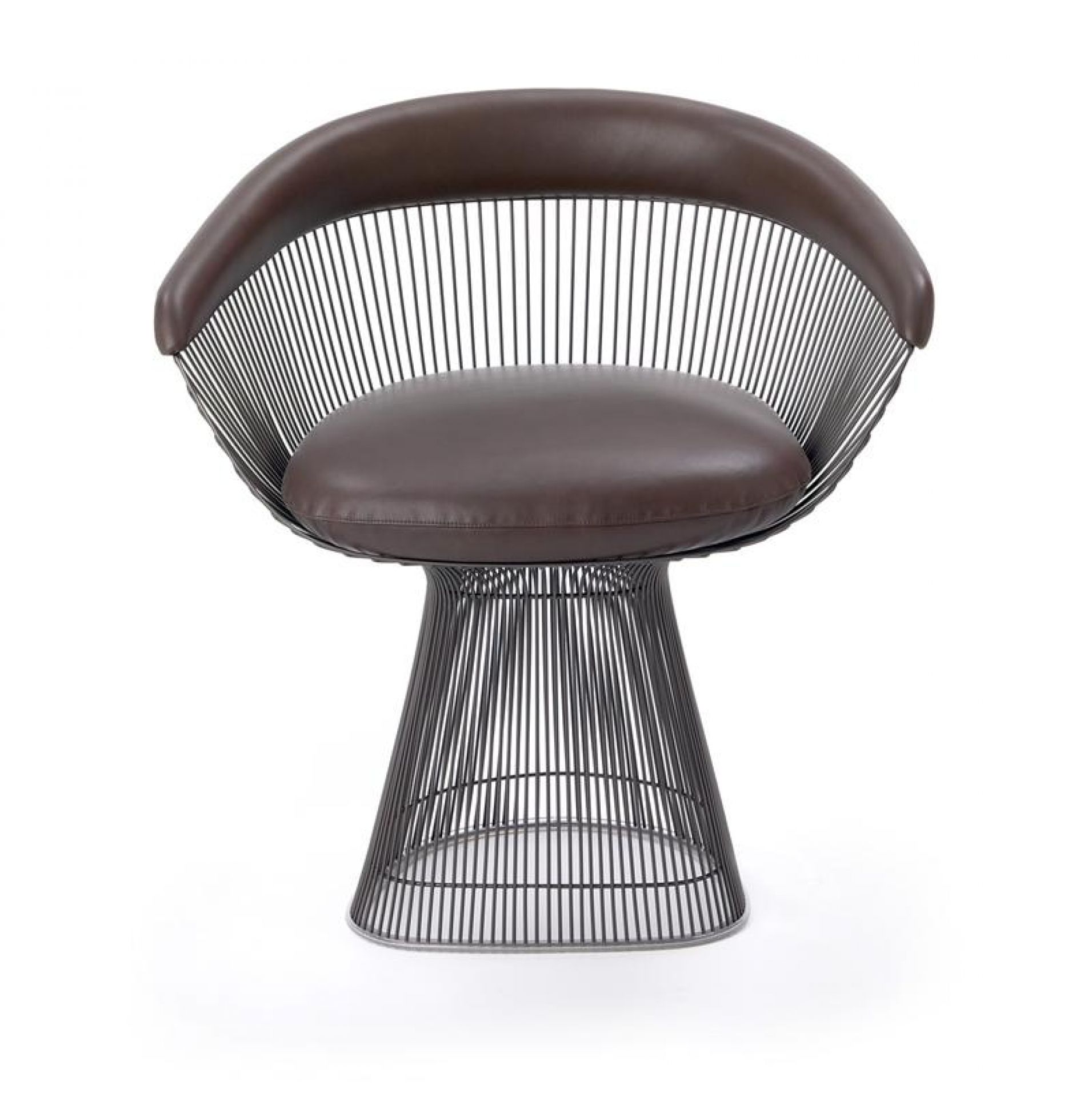 Platner Sessel von Knoll International, kleiner Sessel mit braunem Leder und Stahlgestell.