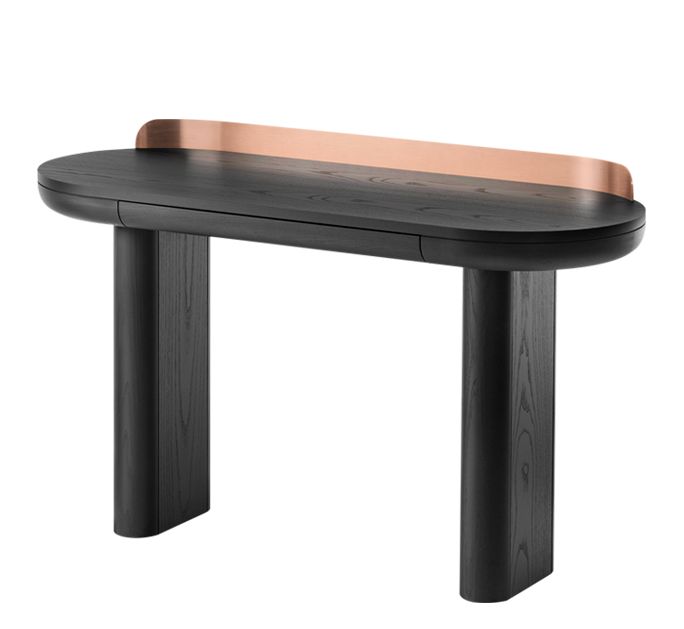 Jumbo Konsolentisch von Miniforms, schwarzes Holz mit Kupferakzent, modernes Design für Flur oder Wohnzimmer.