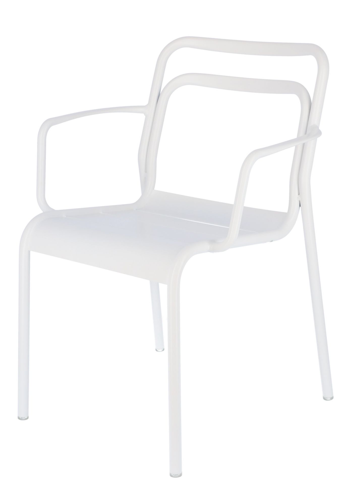 Weißer Jan Kurtz Live Stapelsessel für den Außenbereich, moderner Gartenstuhl mit Armlehnen.
