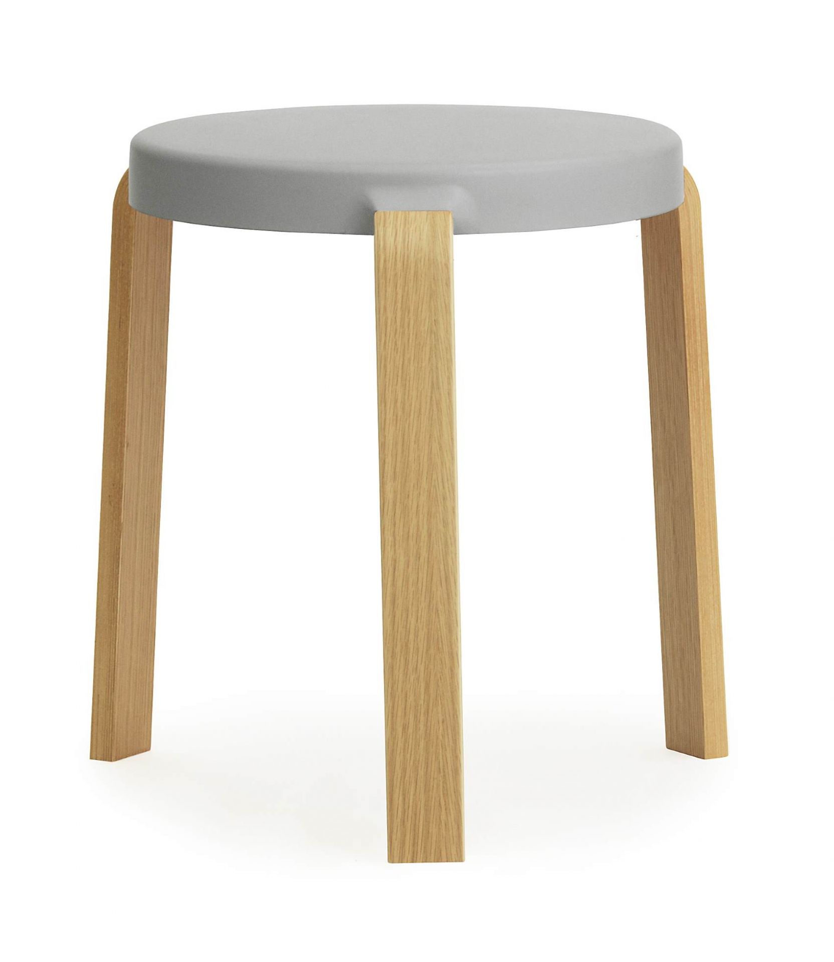 Tap Hocker von Normann Copenhagen, grauer Sitz und helle Holzbeine, minimalistisches Design.