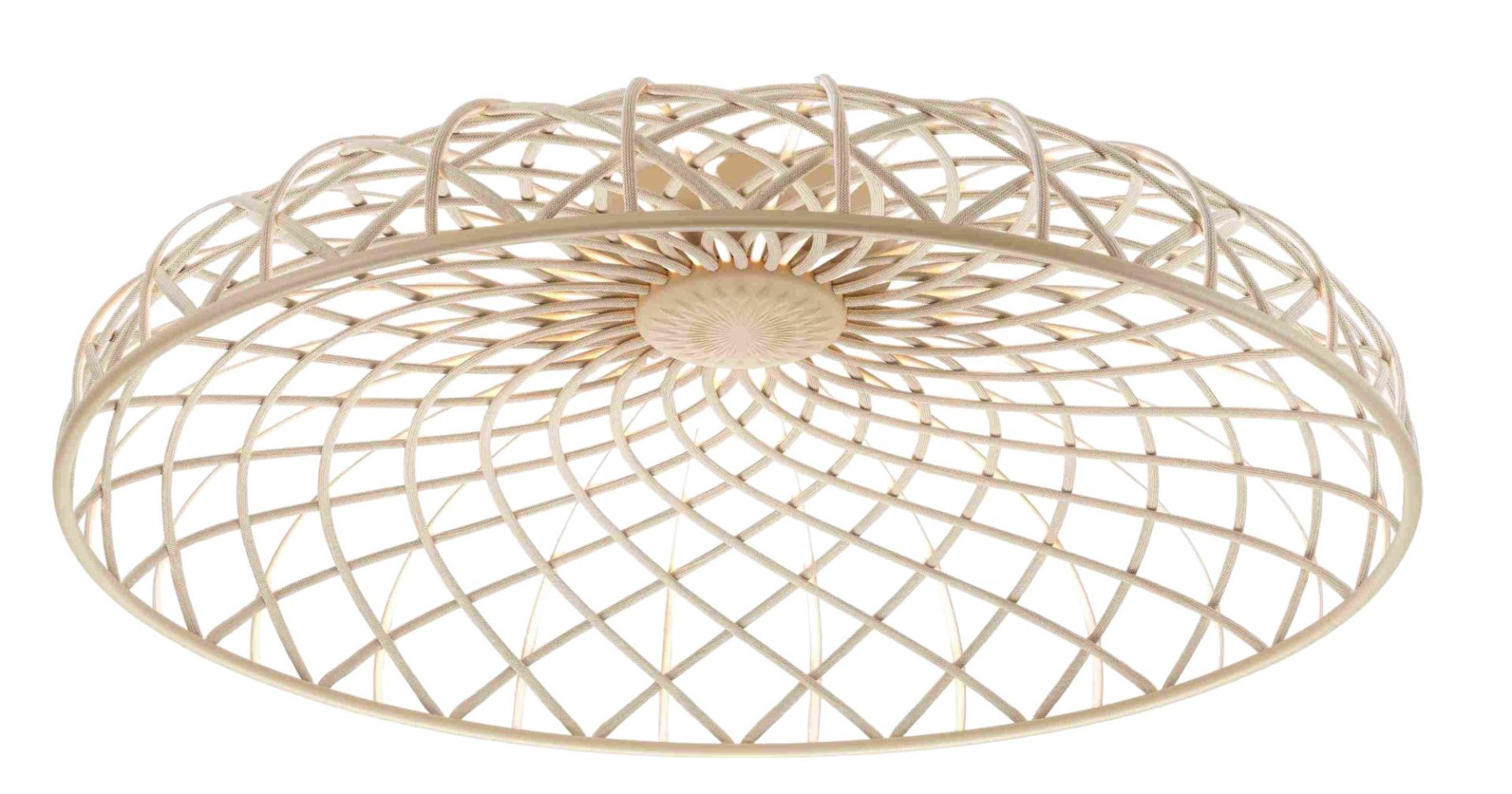 Nahaufnahme der Skynest Deckenleuchte in Mandel von Flos, moderne Designerlampe mit filigranem Geflecht.