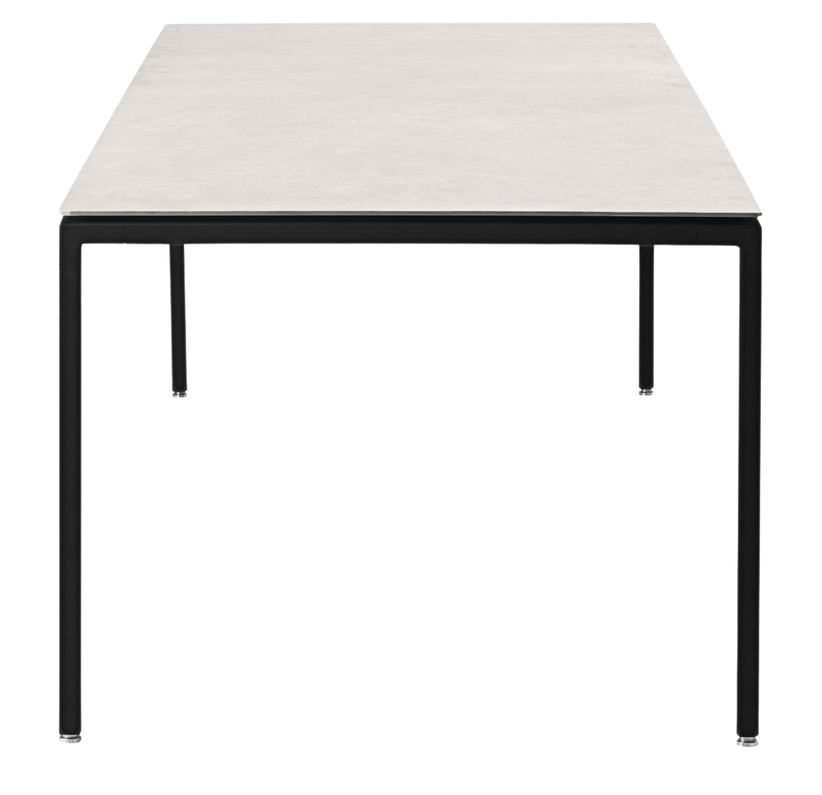 Vipp Tisch groß mit heller Tischplatte und schwarzem Metallgestell, moderner Esstisch für Esszimmer.