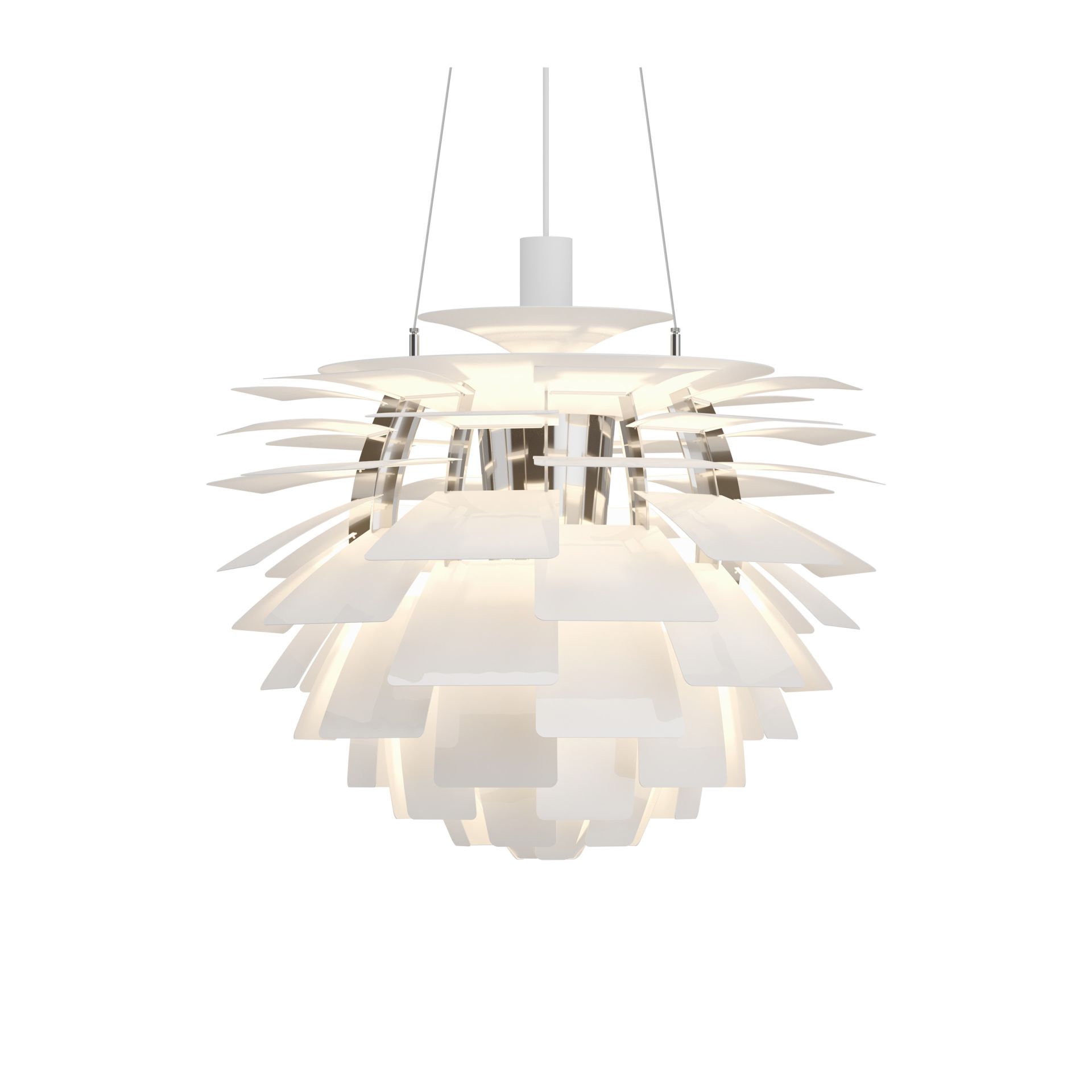 Weiße PH Artichoke Pendelleuchte von Louis Poulsen, moderne Designerlampe mit schirmartigen Elementen.