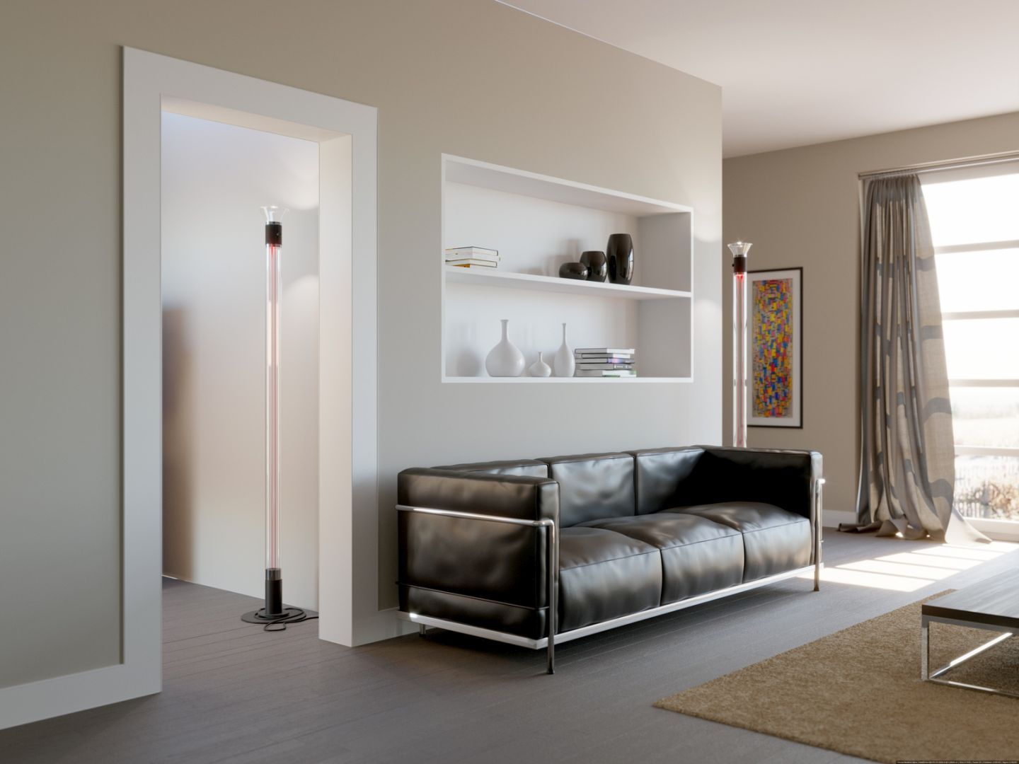 Moderne Dia Stehleuchte von Martinelli Luce im Wohnzimmer, schlankes Design, indirekte Beleuchtung.