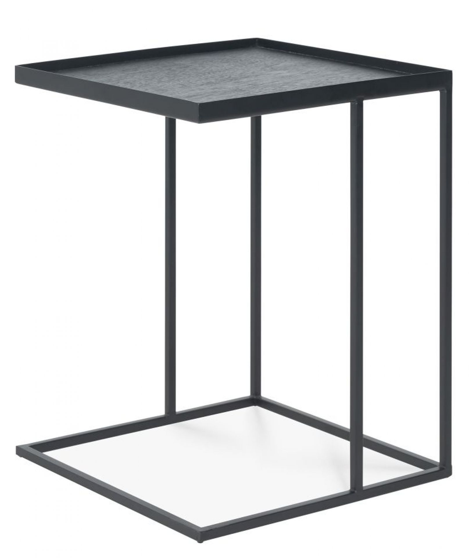 Quadratischer Ethnicraft Couchtisch niedrig aus dunklem Holz und Metallgestell, modernes Design für Wohnzimmer.