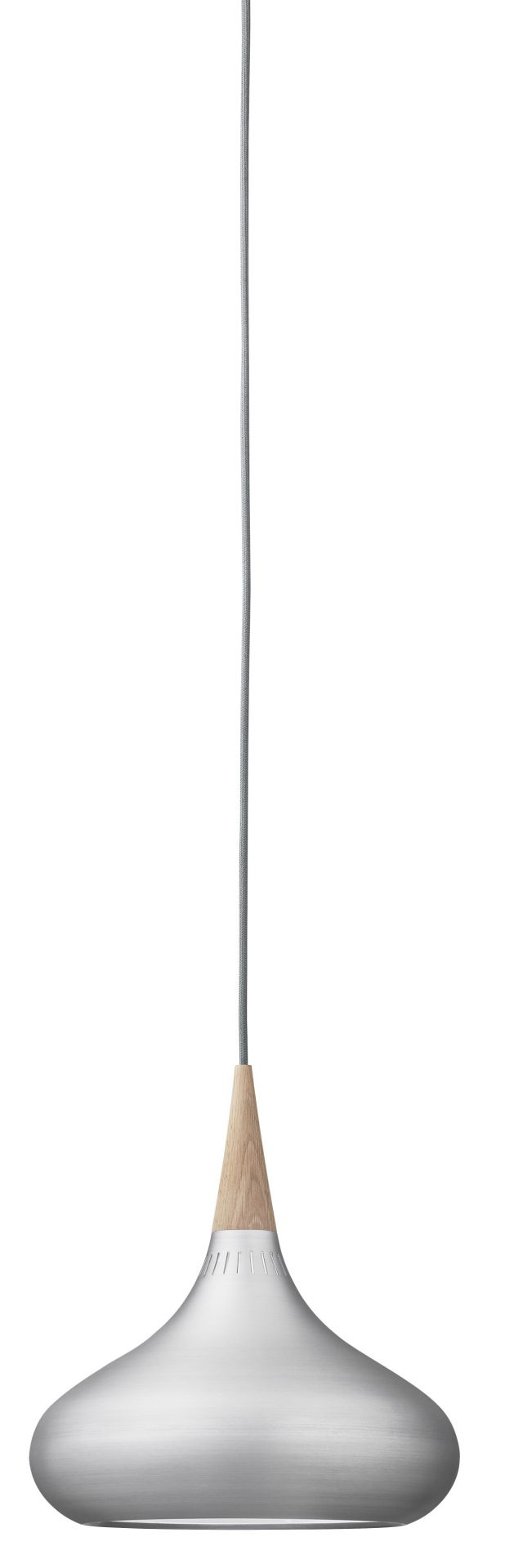 Orient Pendelleuchte in Silber von Fritz Hansen: Moderne Hängelampe mit Holz und grauem Kabel.