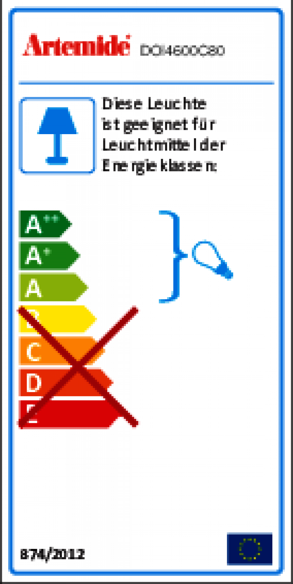 Artemide Decompose' Tischleuchte: Energieeffizienzlabel mit A++ bis E, wobei C bis E durchgestrichen sind.