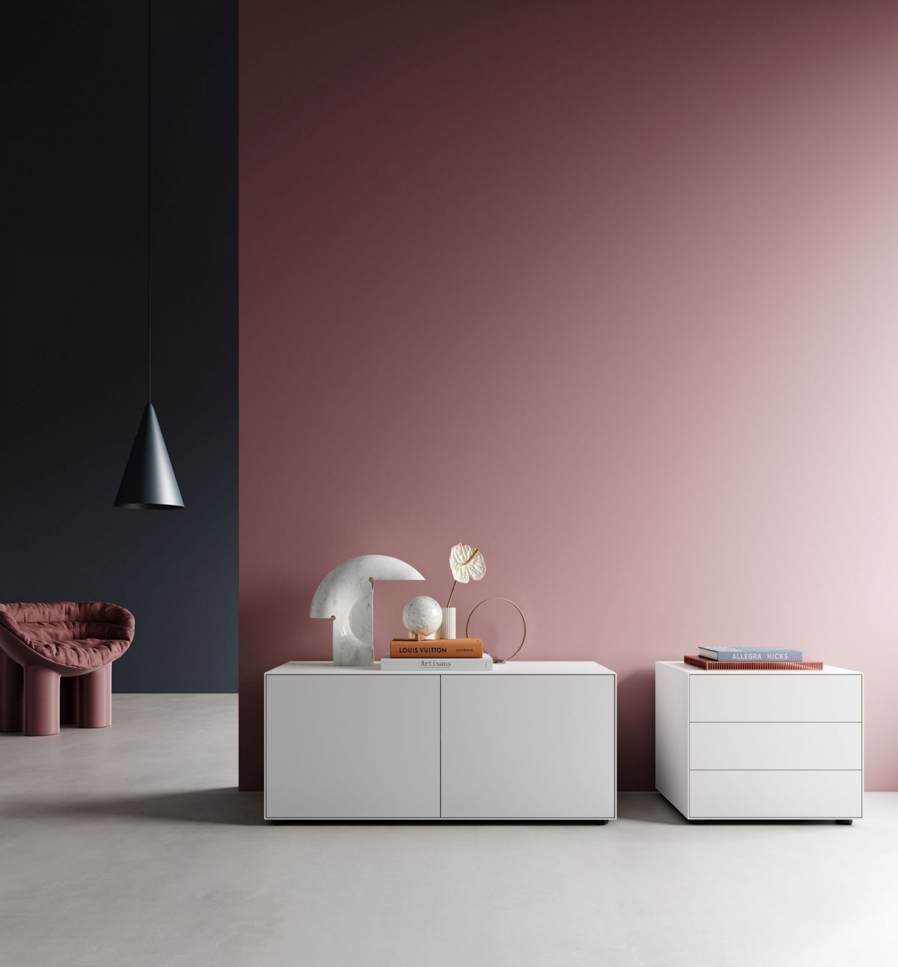 Weißes Piure Nex Pur Box Board mit Tür und Kommode, modernes Wohnzimmer Interieur.