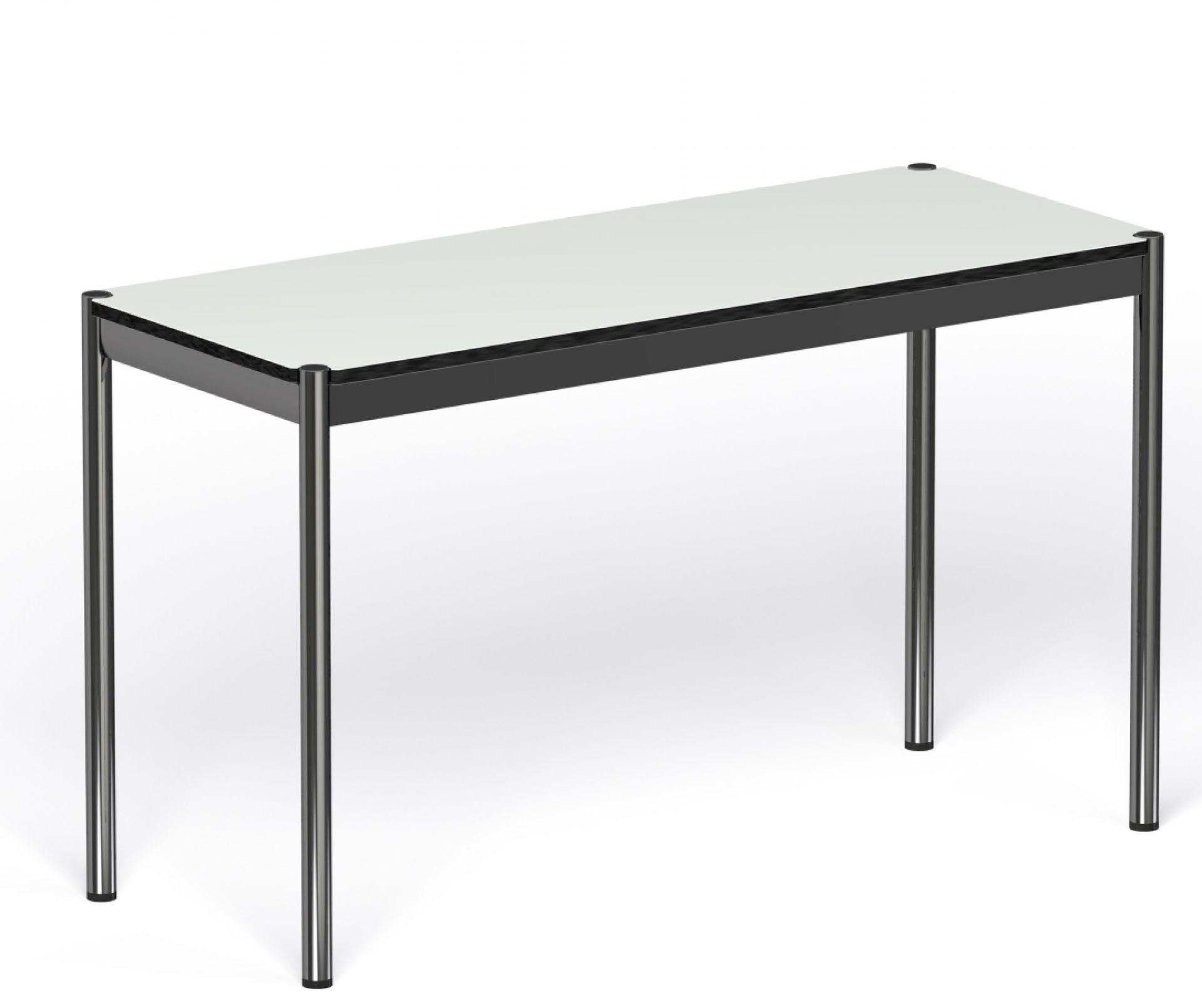 USM Haller Tisch 125x50 cm für Home Office, minimalistisches Design mit weißer Tischplatte und verchromtem Gestell.