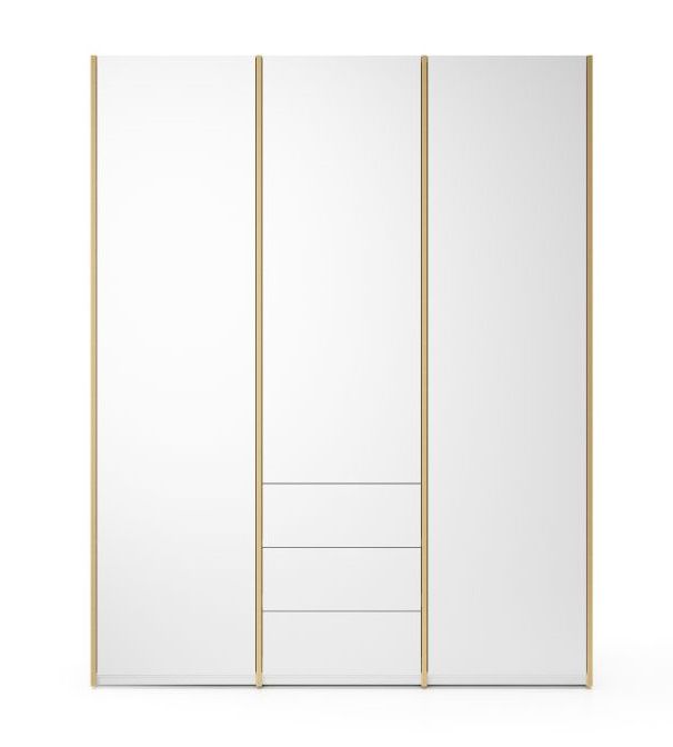 Weißer MODULAR PLUS Schrank von Müller Möbelwerkstätten mit drei Schubladen und goldenen Akzenten.