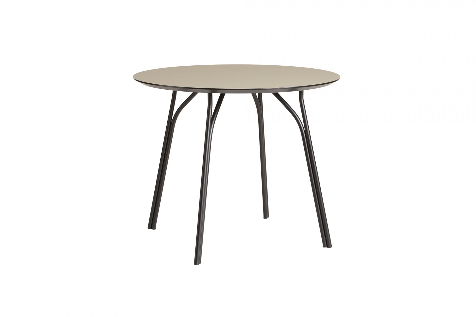 Tree Esstisch von Woud: Runder Küchentisch mit beiger Tischplatte und schwarzen Metallbeinen, freigestellt auf Weiß.