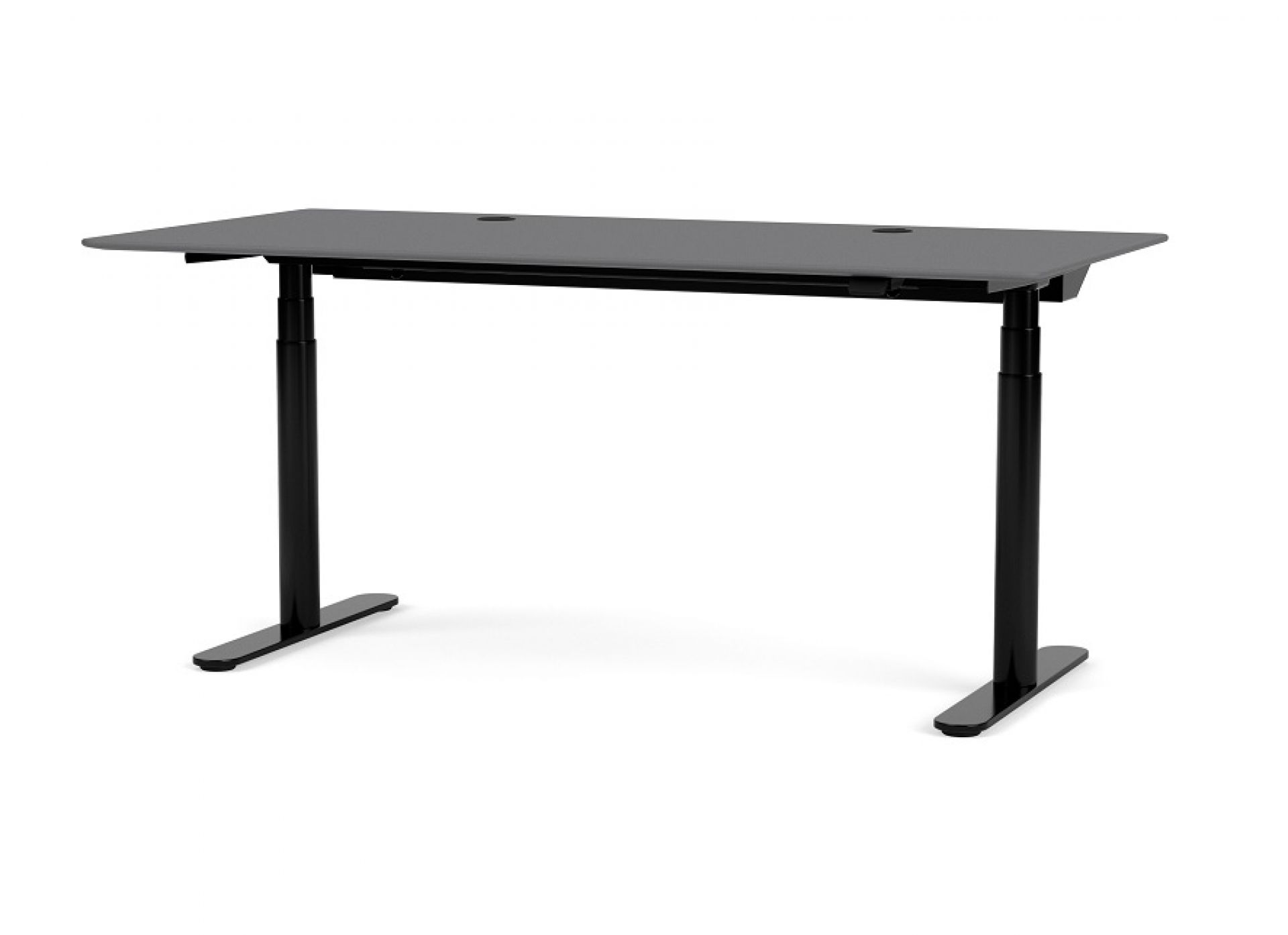 HiLow 2 Montana: Elektrisch höhenverstellbarer Schreibtisch in Grau mit schwarzem Gestell für ergonomisches Arbeiten.