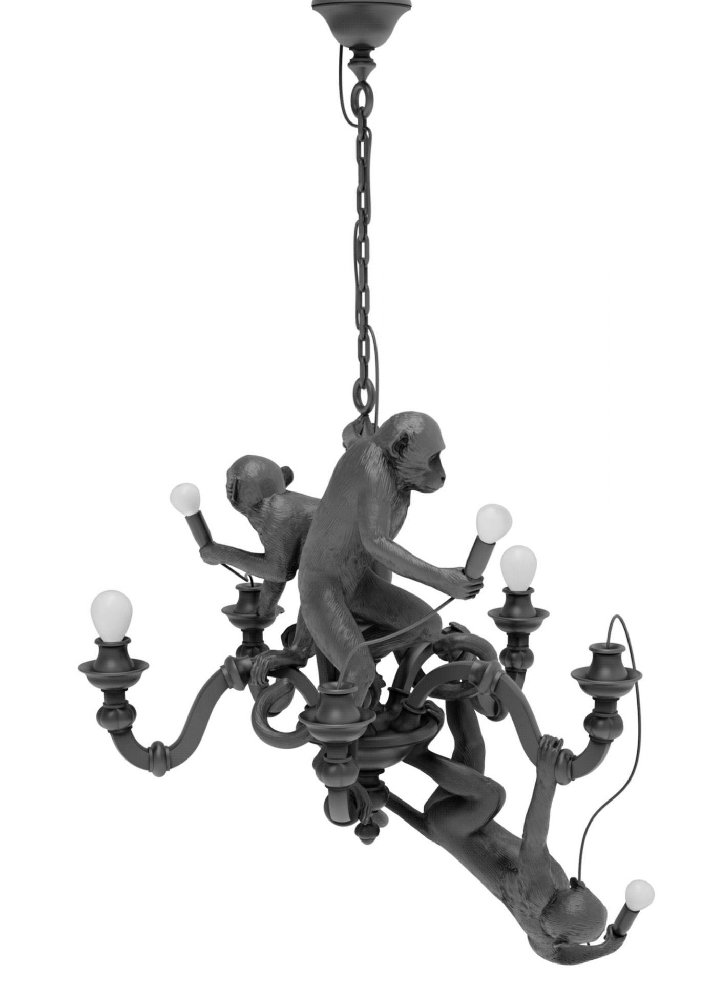 Schwarze Monkey Chandelier Pendelleuchte von Seletti: Hängende Lampe mit Affenfiguren, die Glühbirnen halten. Designlampe für Wohnzimmer.