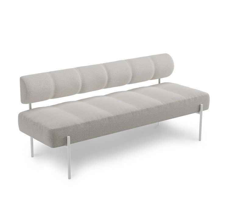 Beige Daybe Esszimmersofa mit Rückenlehne und minimalistischen Metallbeinen, modernes Design für Esszimmer und Wohnbereich.