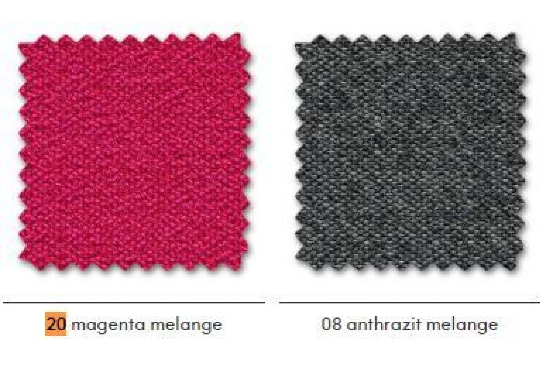 Dumet Stoffmusterkarte Vitra: Nahaufnahme von Stoffproben in Magenta Melange und Anthrazit Melange.