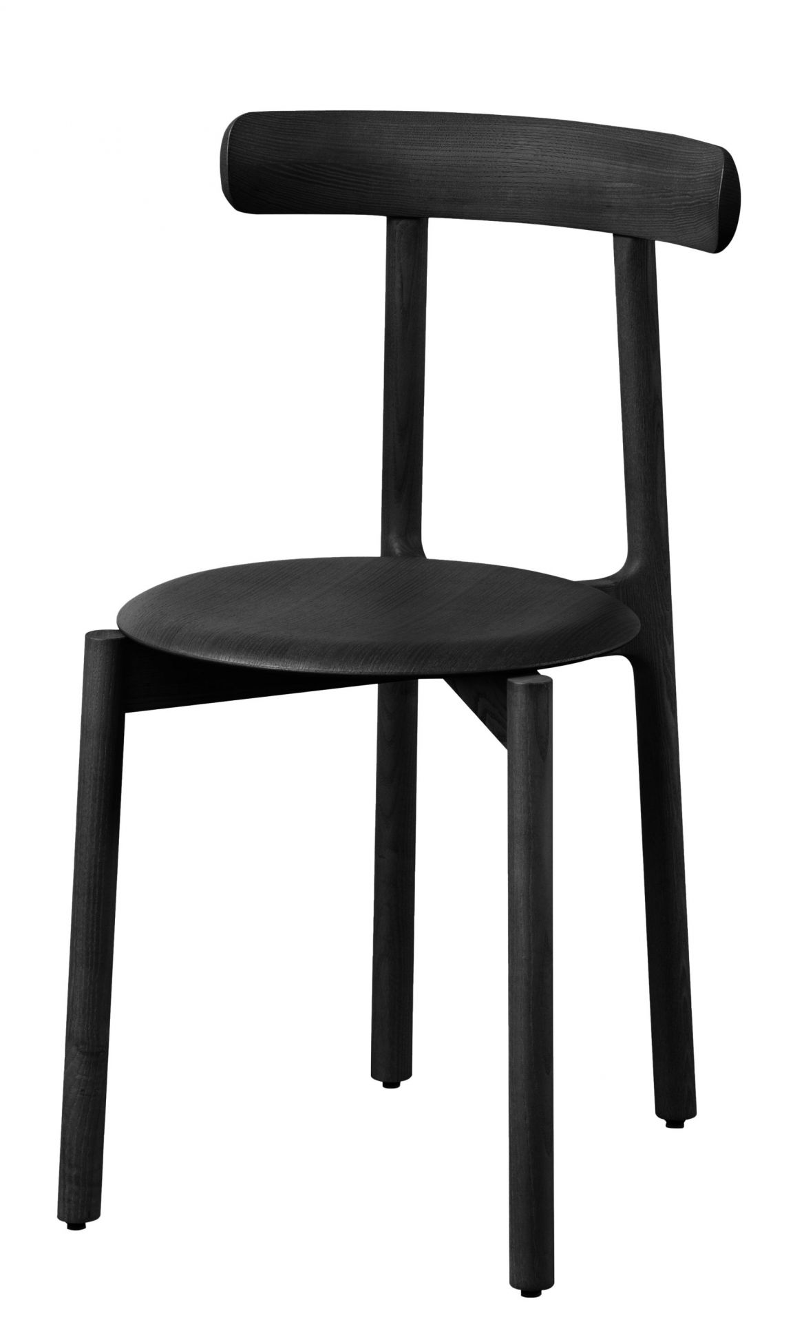 Bice Stuhl von Miniforms, Esche schwarz gebeizt, moderner Holzstuhl mit runder Sitzfläche.