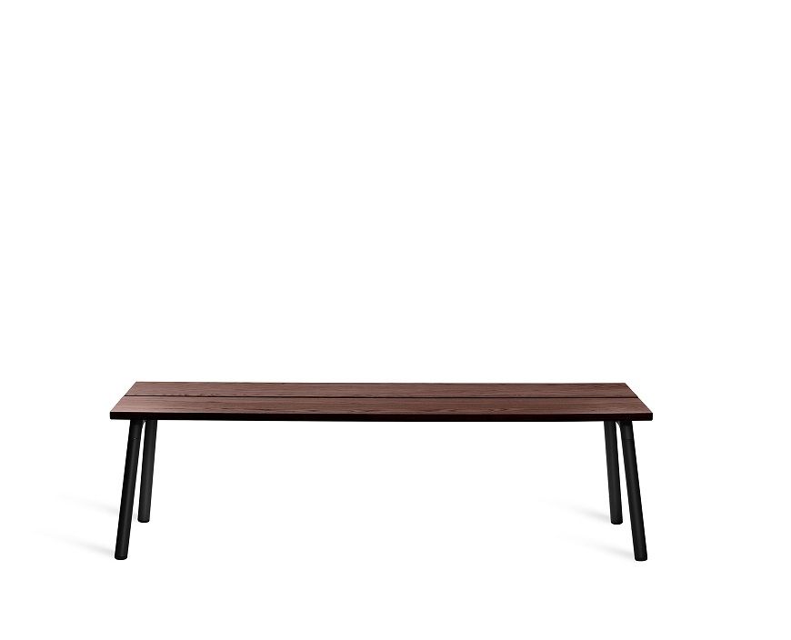 Run Bench 3-Sitzer Bank mit Walnuss-Sitzfläche und schwarzem Gestell, moderne Sitzbank für drei Personen.