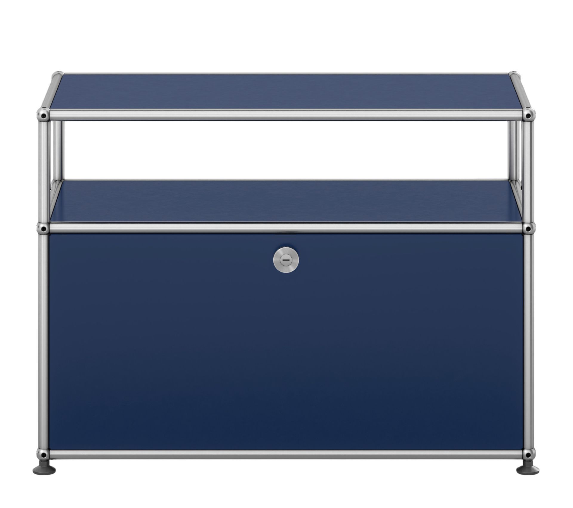 USM Haller Beistelltisch in Stahlblau mit einer Klappe, modernes Designmöbel für Wohn- und Bürobereiche.