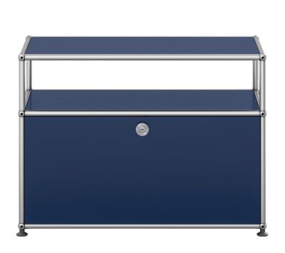 USM Haller Beistelltisch in Stahlblau mit einer Klappe, modernes Designmöbel für Wohn- und Bürobereiche.