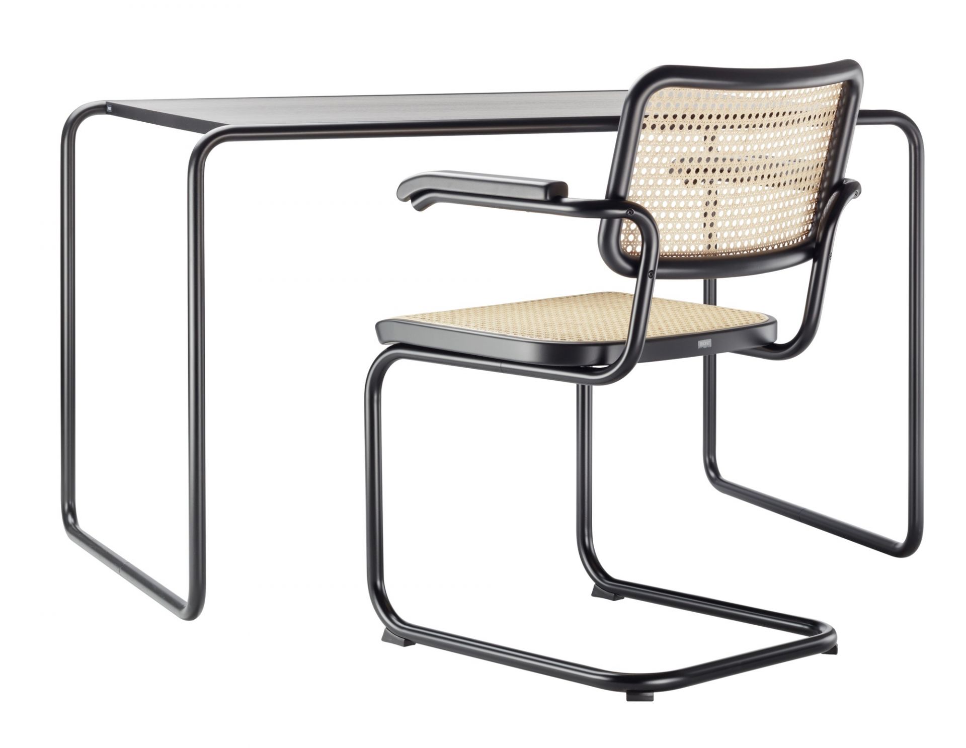Thonet S 285/0 Schreibtisch mit Stahlrohrstuhl, Wiener Geflecht, Bauhaus Design, schwarzes Gestell.