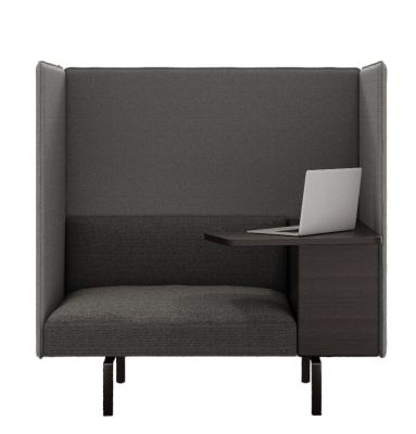 Muud Silent Sessel von Walter Knoll mit Schreibtablar und Laptop, grauer Stoff, moderne Büromöbel.