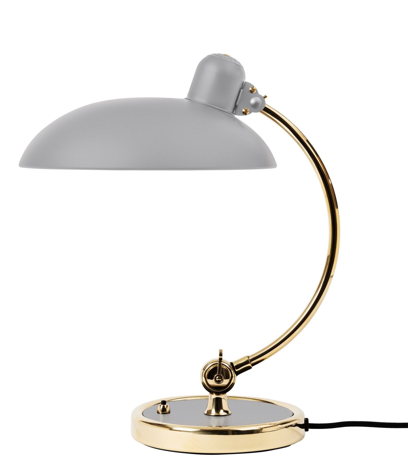 Graue Kaiser Idell Tischleuchte mit goldenem Gestell von Fritz Hansen. Design Lampe.