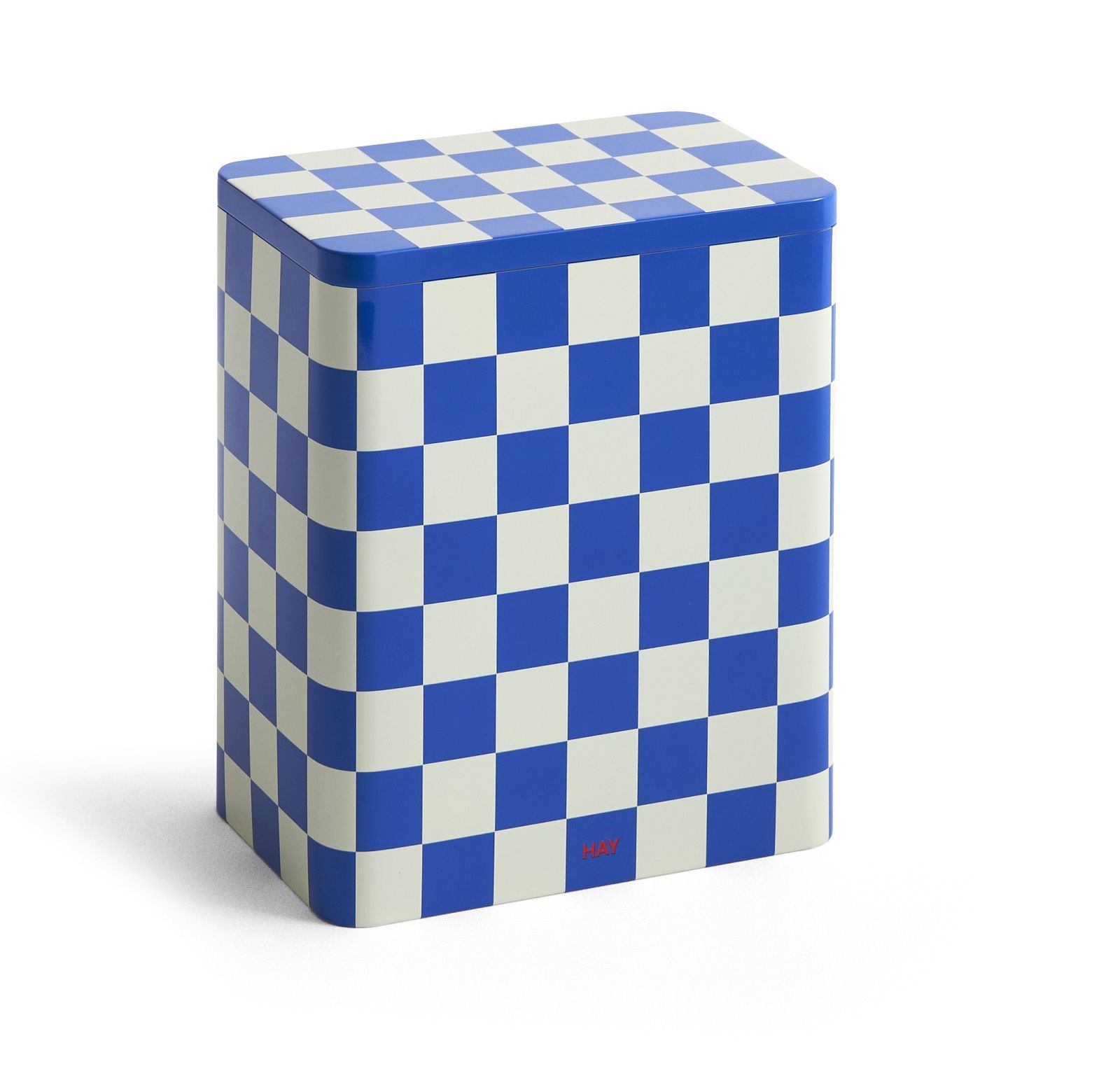Blauer Hay Tin Container mit Schachbrettmuster für die Aufbewahrung, ideal für Küche und Büro.
