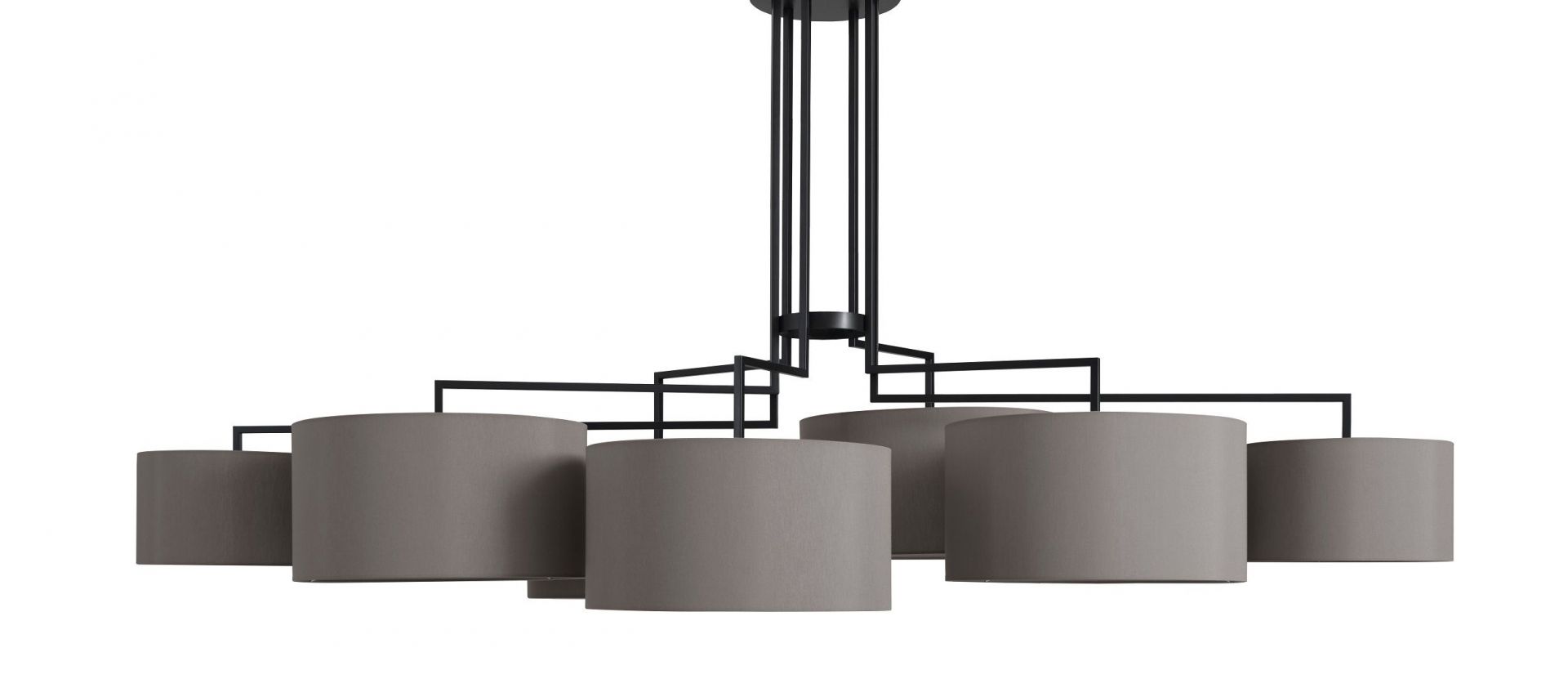 NOON 7 Deckenleuchte mit sieben grauen Lampenschirmen und schwarzem Gestell für Wohnzimmer und Esszimmer.