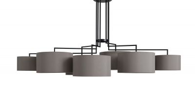 NOON 7 Deckenleuchte mit sieben grauen Lampenschirmen und schwarzem Gestell für Wohnzimmer und Esszimmer.
