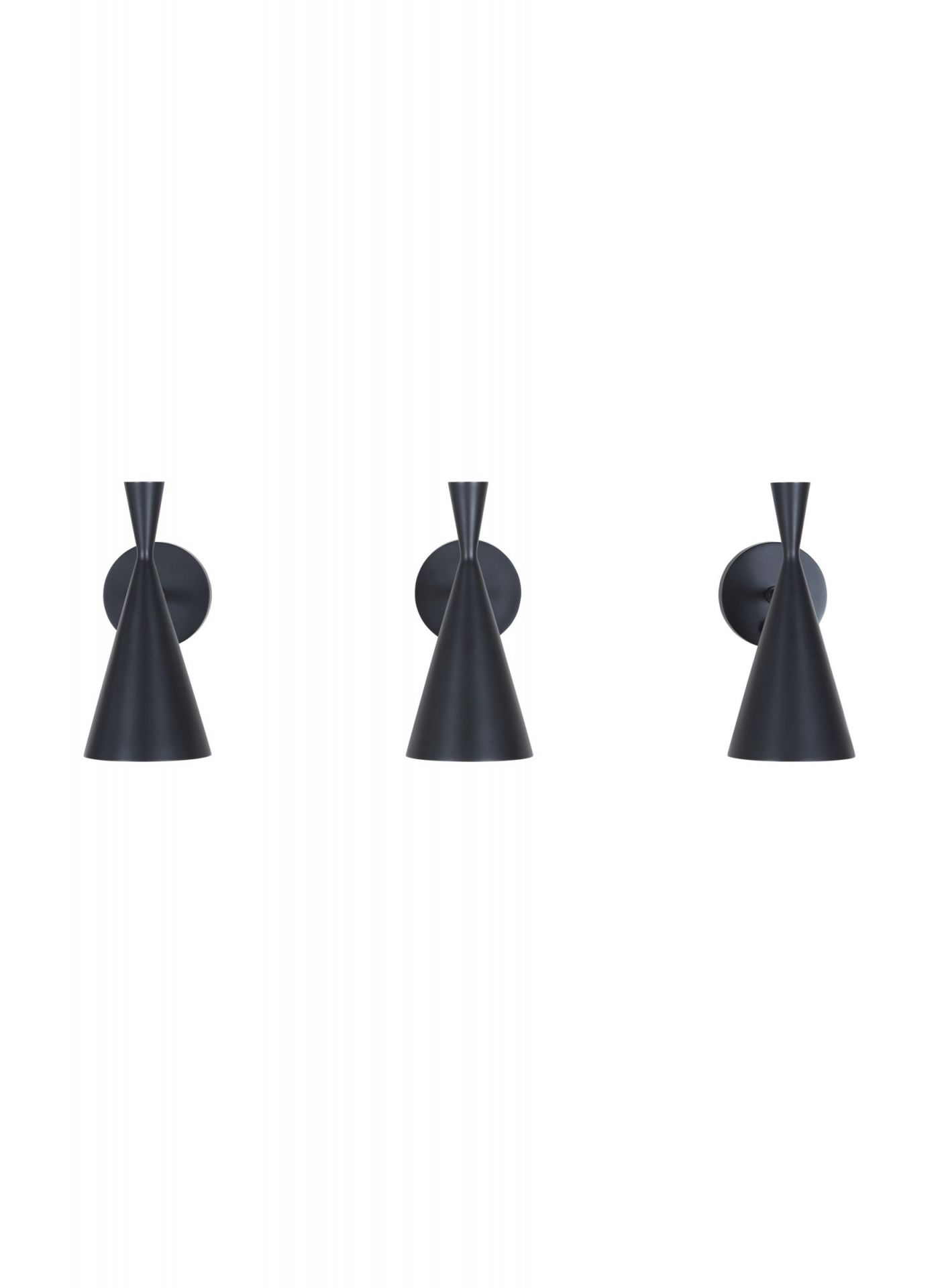 Drei schwarze Tom Dixon Beat Wandleuchten EINZELSTÜCK, Kegelform, modernes Design, Innenbeleuchtung.