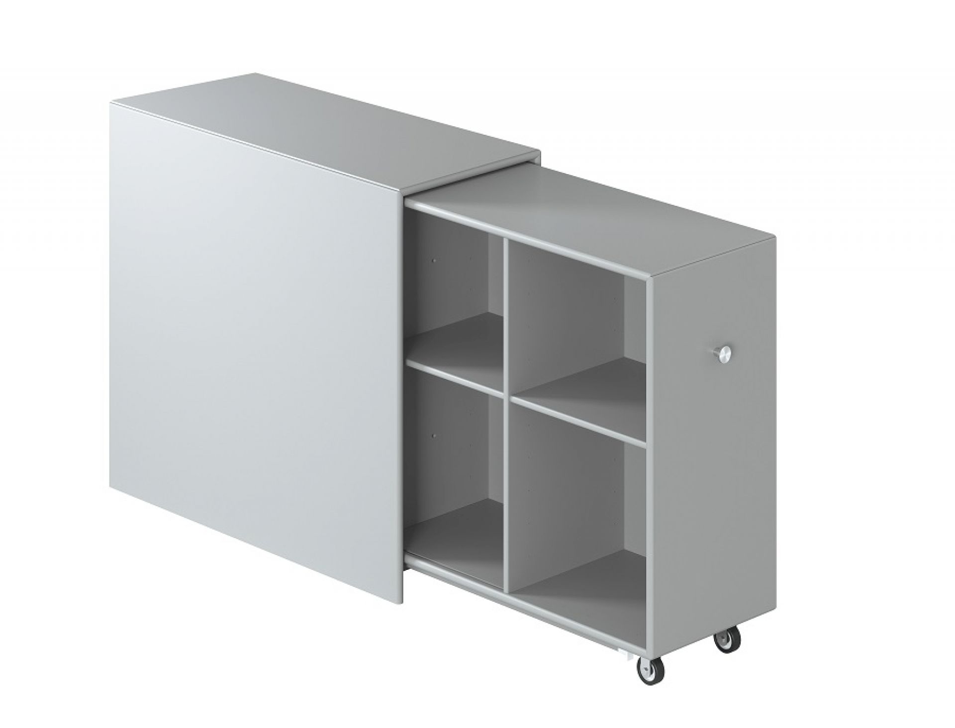 Graues Montana Cargo Modul Schrank-System 80 mit Rollen und offenen Regalfächern.