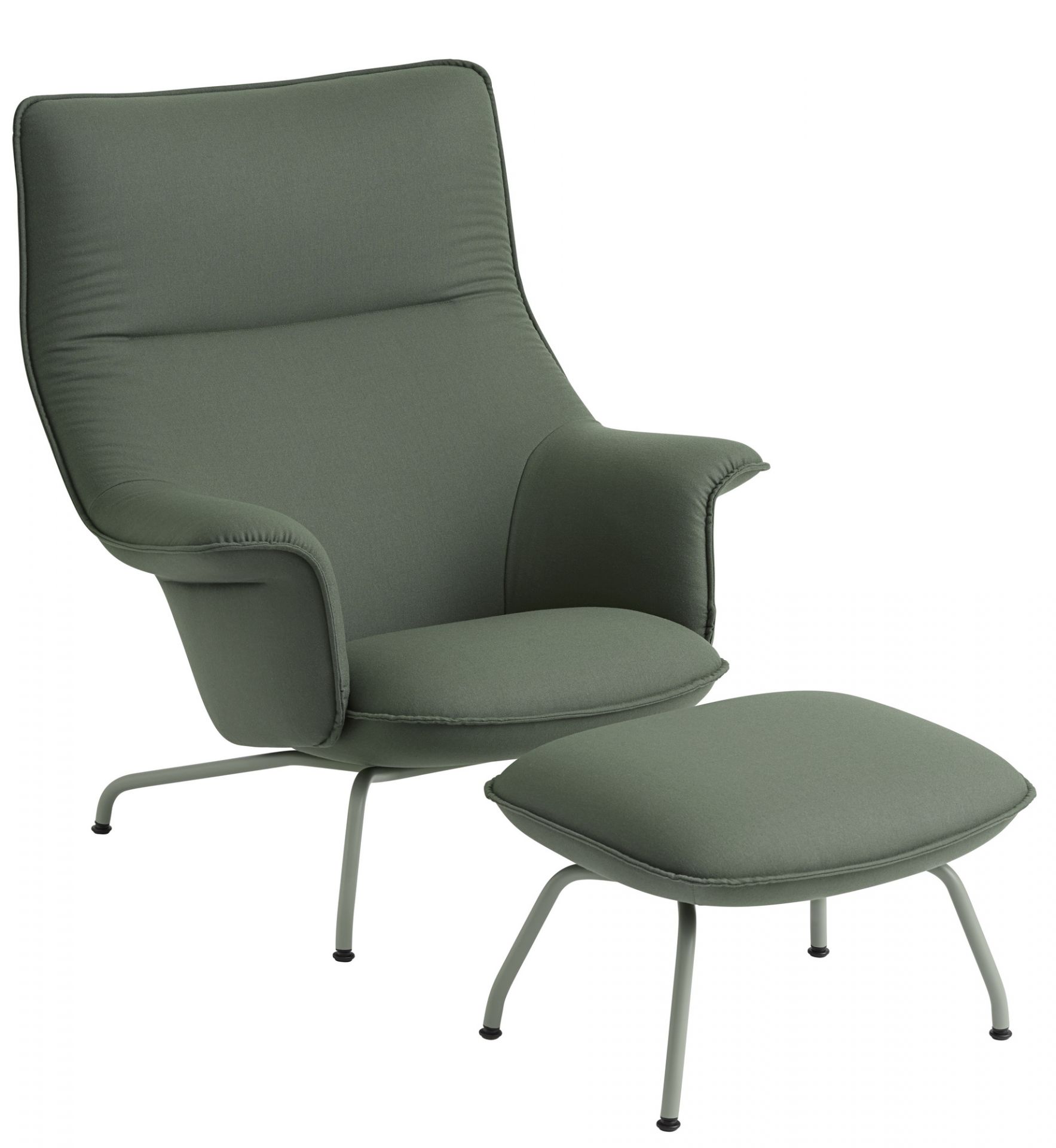 Grüner Doze Lounge Chair Sessel von Muuto mit passendem Hocker, moderner skandinavischer Stil.