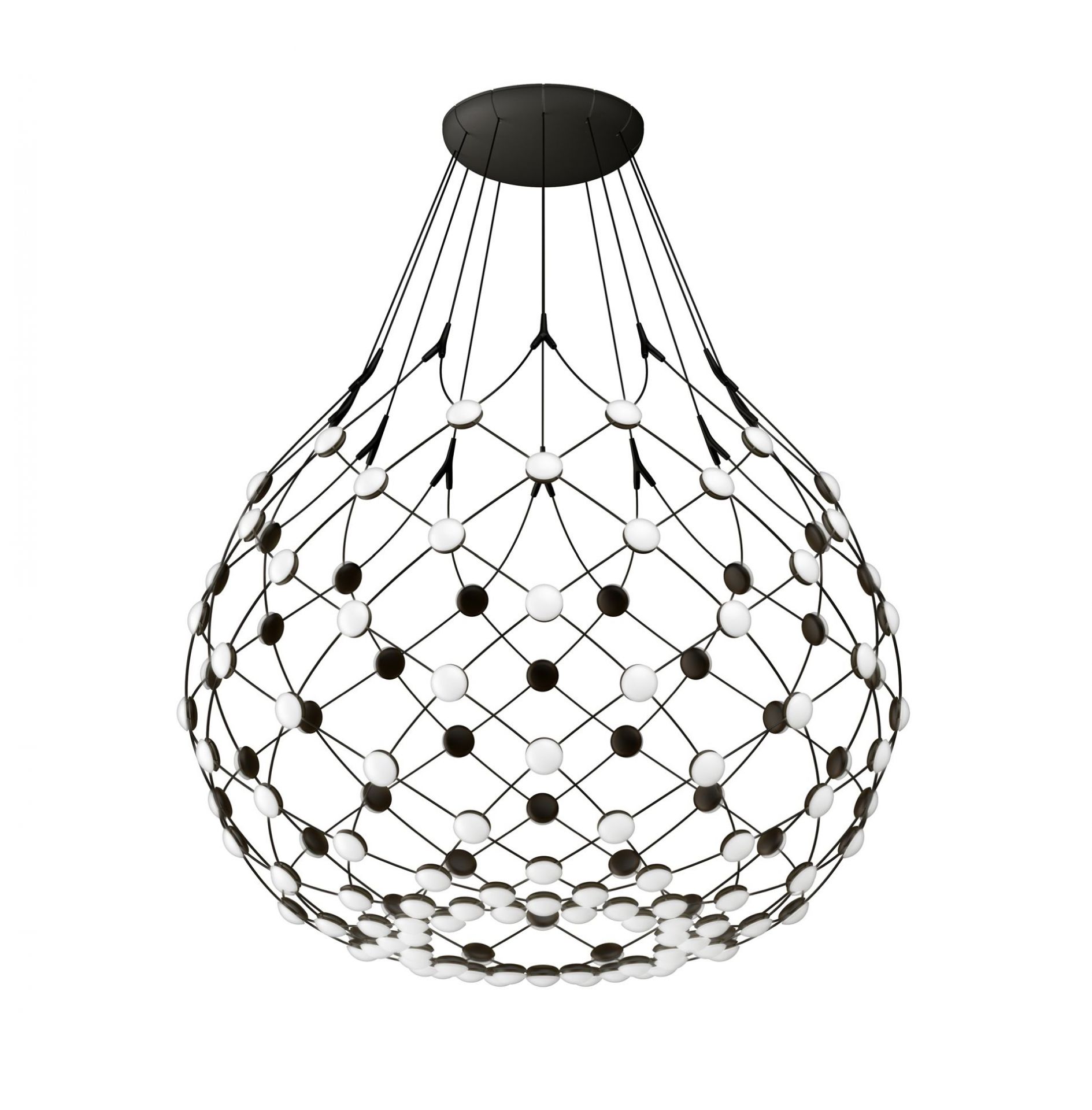 D86 Mesh Deckenleuchte von Luceplan: Moderne Hängeleuchte mit schwarzem Drahtgeflecht und weißen/schwarzen Lichtpunkten.