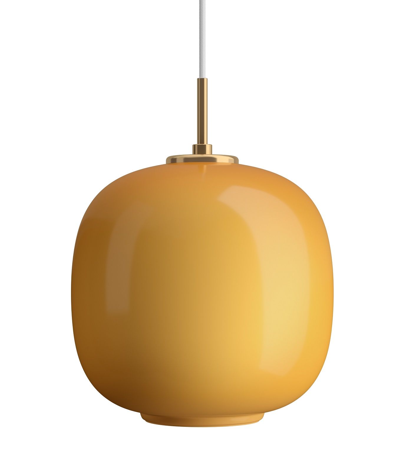 VL45 Radiohus Pendelleuchte von Louis Poulsen, gelbe Hängelampe mit Messingdetails und weißem Kabel.